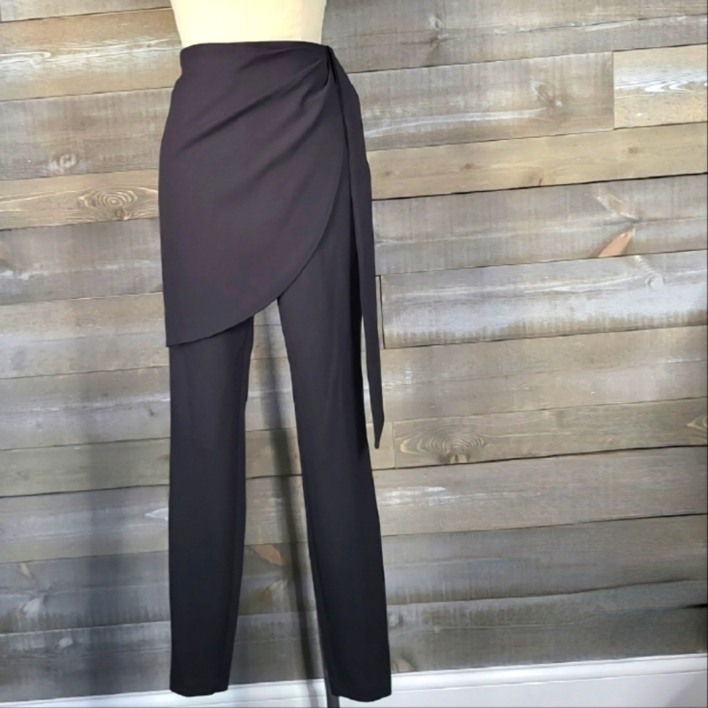 Black Straight Leg Pants With Draped Crossover Front Detail